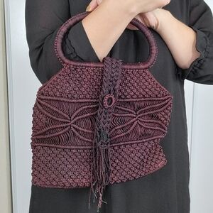 Vintage 1970s Brown Burgundy Macrame Handbag Cord‎ Purse Boho Chic Beach Hippie
